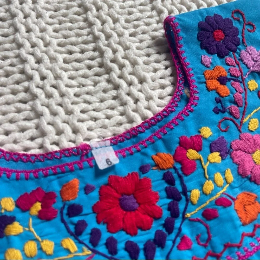 NWOT Authentic Mexican Blue Hand Embroidered Kids Dress Size 6